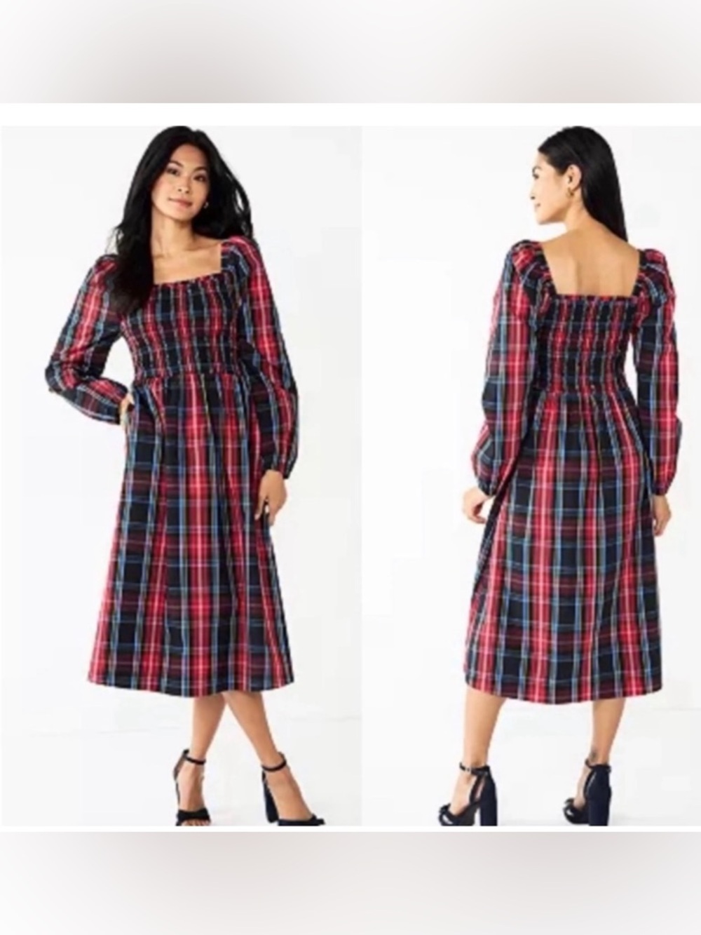 Draper‎ James Red Gingham Smocked Midi Dress Small Cotton Blend Southern Chic